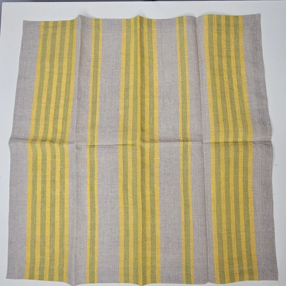 Williams Sonoma Set/4 100% Linen Dinner Napkins Neutral Tan Yellow Green Stripe